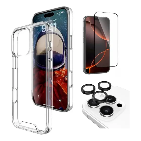 Kit Para Iphone 16 Pro Case + Protectores Cámara Y Pantalla Transparente Lisa