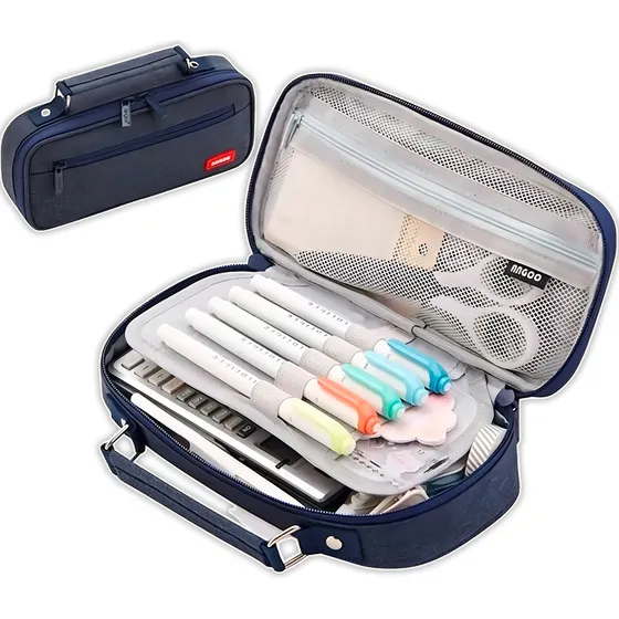 Estojo Liso Com 2 Divisórias C/alça Box Necessaire Escolar Cor Azul-escuro