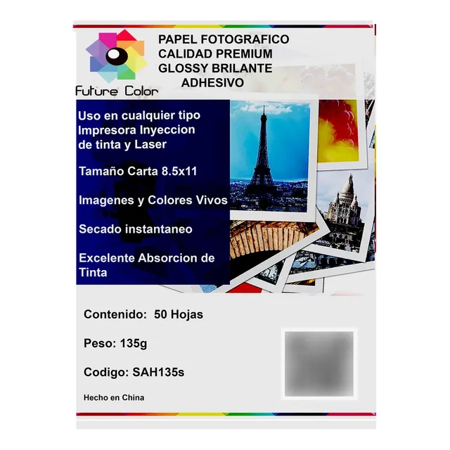 Papel Fotografico Adhesivo Carta 135 Gms Glossy 50 Hojas Color Blanco