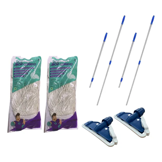 Mop Umido Esfregão 2 Refil + 2 Haste + 2 Cabo Retrátil