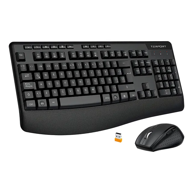 TERPORT Mouse Y Teclado Español Inalambrico 2.4ghz Usb Con Reposamuñeca, Mouse Inalámbrico Ergonómico 4800dpi con 6 botones, Teclado Y Mouse Inalambrico Para Computadoras Pc Laptops Trabajo Oficina