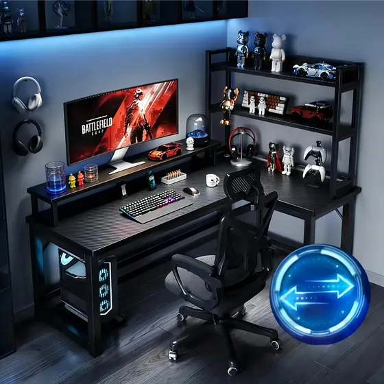 Escritorio Gamer Vivanido en L con Estación de Carga USB y Enchufes, Fibra de Carbono 120x100x75cm Reversible, Soporta 300kg, Mesa para PC Oficina y Gaming