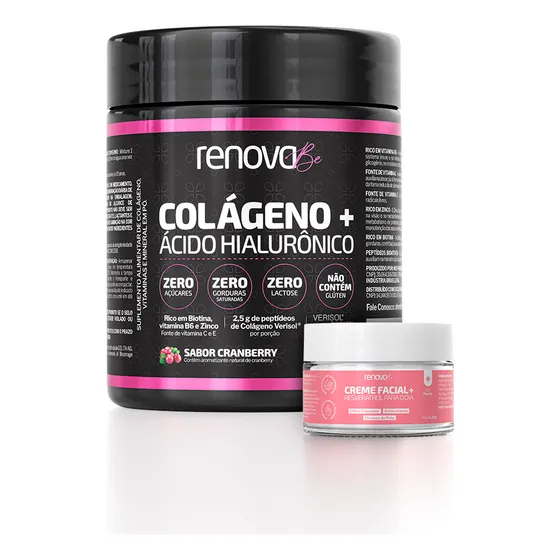 1 Pote Colágeno Verisol Ácido Hialurônico Haplex Plus Renova Be (cranberry) Sabor Cranberry + Creme Facial Dia Resveratrol