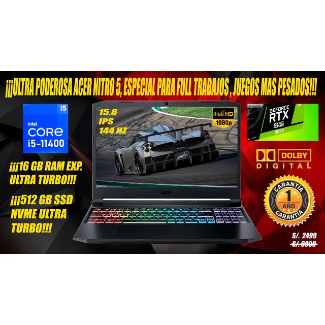 Poderosa Laptop Acer Nitro 5 I5 11va Rtx 3050 16 Gb Ram 512