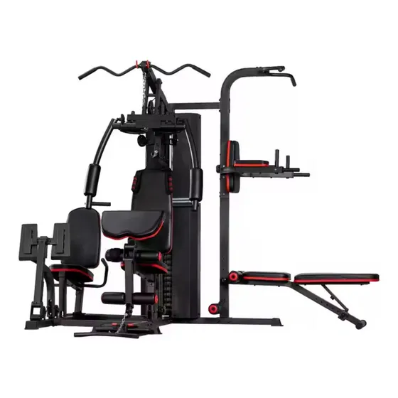 Multigimnasio Multigym Max Sports Triple Estacion - Prensa + Musculacion + Calistenia - Homegym Negro Con Rojo Mini Gimnasio Completo Para Usuario 150 Kg Y 70 Kg De Carga De Pesas Incluidos