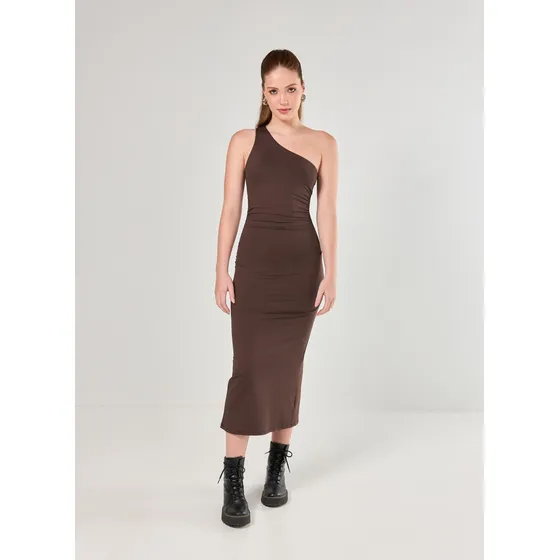 Vestido Midi Poliamida Ombro Único Marrom