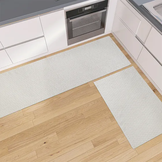 Conjunto Tapete Cozinha 130x45 Jogo 2 Peças Antiderrapante Comprimento 1.3 m Cor Branco / Cru Desenho do tecido Chevron Largura 45 cm