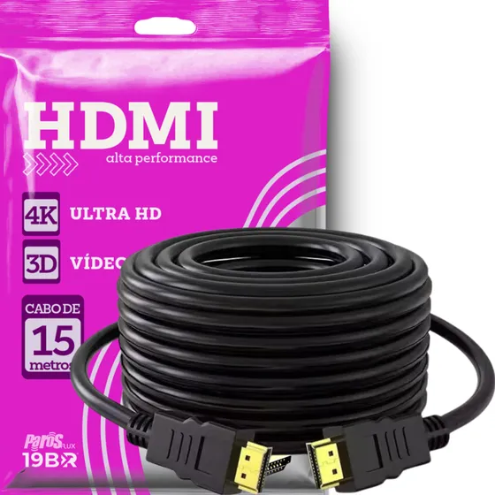Cabo Hdmi 15m Metros Preto Premium 4k Blindado Gold 3d Full Hd Tv Pc Video Game