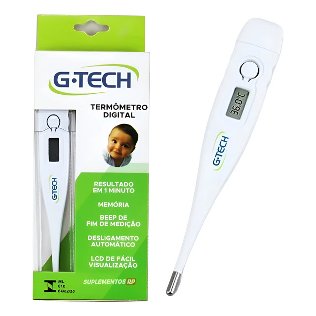 Termômetro clínico digital G-Tech branco ao lado de sua embalagem original com ilustração de uma criança.