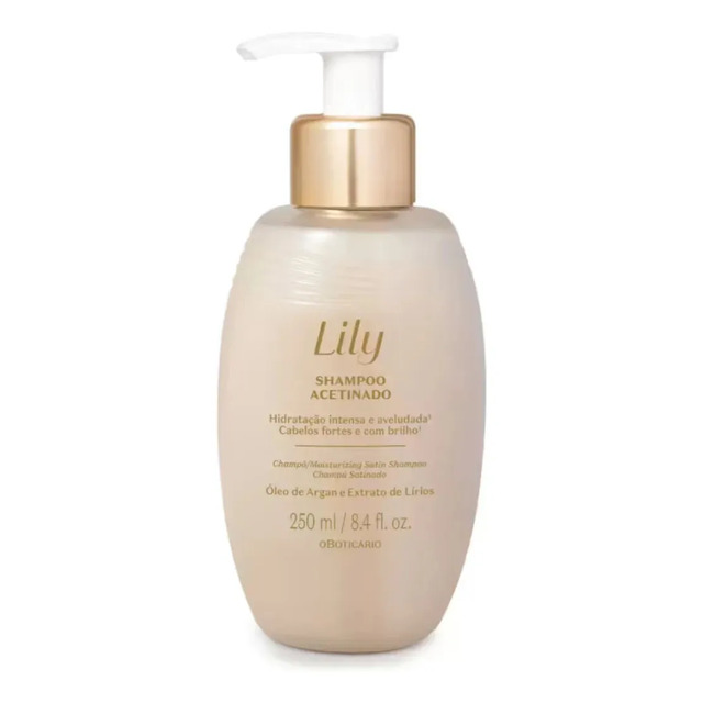 Frasco de shampoo Lily O Boticário de 250ml com tampa pump dourada em fundo branco