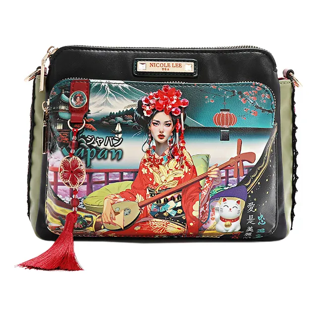 Bolsa Cruzada Nicole Lee Estamapada Akiko La Belleza Fw24 Acabado de los herrajes Níquel Diseño de la tela Piel Vegana