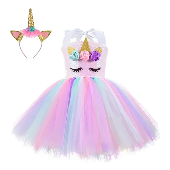 Vestido Disfraz Unicornio Para Niñas Tutú Mas Cintillo