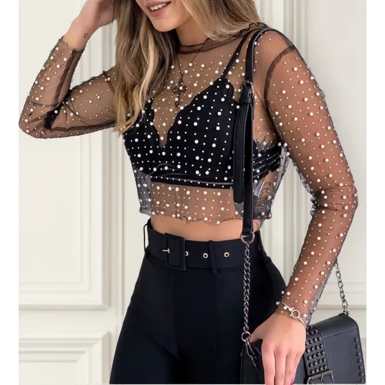 Camisa De Encaje Transparente Sexy Para Mujer Top De Manga