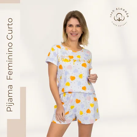 Pijama Algodão Feminino Inspire Adulto - Corações Coloridos