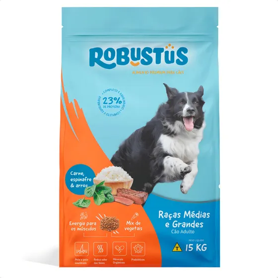 Ração Robustus Premium 23% cães adultos médio grande 15kg