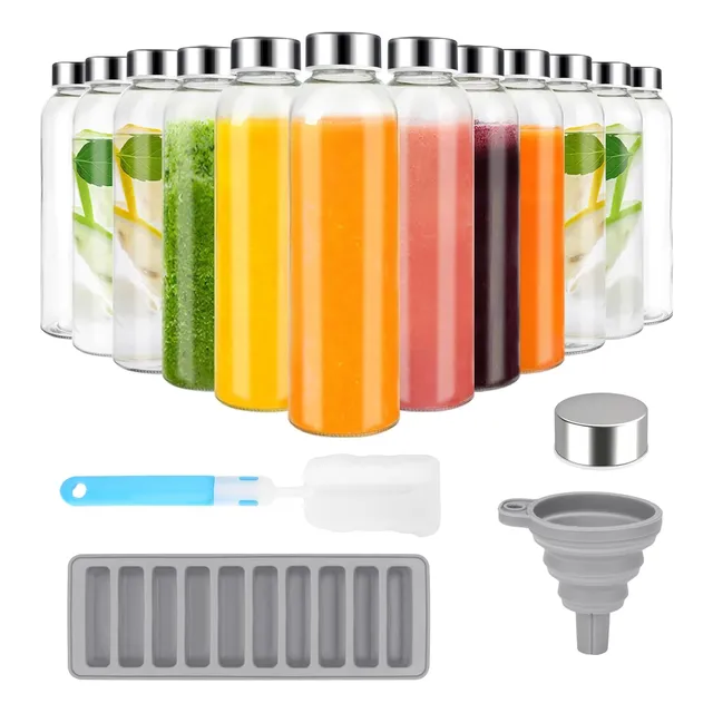 Botellas Vidrio 530ml Con Tapa Jugos Agua Embudo Set De 12