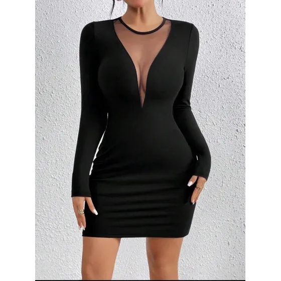 Vestido Corto Negro De Mangas Transparente De Damas