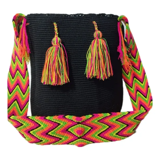 Mochila Wayuu Únicolor Grande Original Negra 