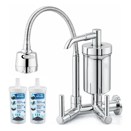 Torneira De Cozinha Com Filtro Gourmet 2 Jatos Tubo Flexível Refil Carvão Ativado Água Filtrada Purificada Marca Forte Lar Metais Parede Prateado Cromado Parede Cromado