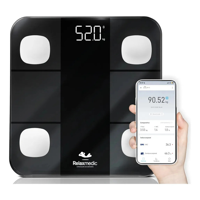 Balança Digital Corporal Bioimpedância Aplicativo Bluetooth Relaxmedic Preta Balança Digital Corporal Bioimpedância Aplicativo Bluetooth Relaxmedic Preta