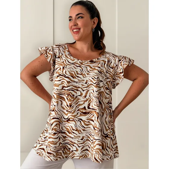 Blusa De Fibrana Estampada Manga Volada Mujer Talle Grande.
