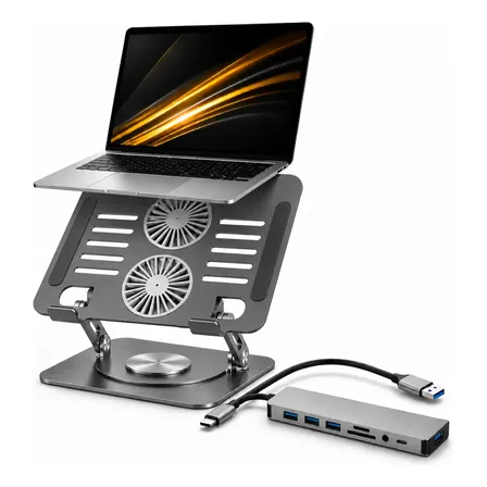 Kit Suporte Macbook Ajustável 360° C/ Cooler Gamer + Hub Usb Cinza-escuro