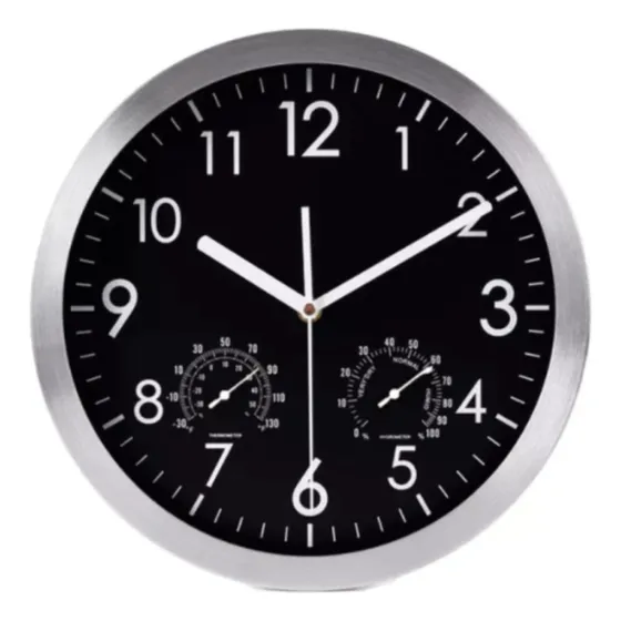 Reloj De Pared Silencioso Grande Sensor Temperatura Humedad Estructura Acero Fondo Negro