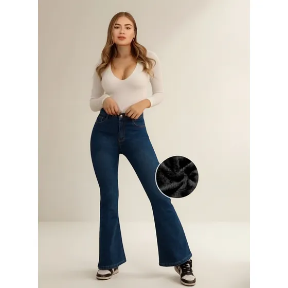 Jeans Flare Forrado De Polar Elasticado Push Up Tiro Alto
