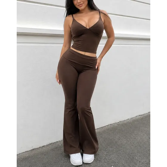 Set Deportivo Crop Top Y Calza Flare Foldover Modeladora