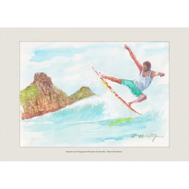 Aquarela Surfando Com Paisagem De Fernando De Noronha - A4