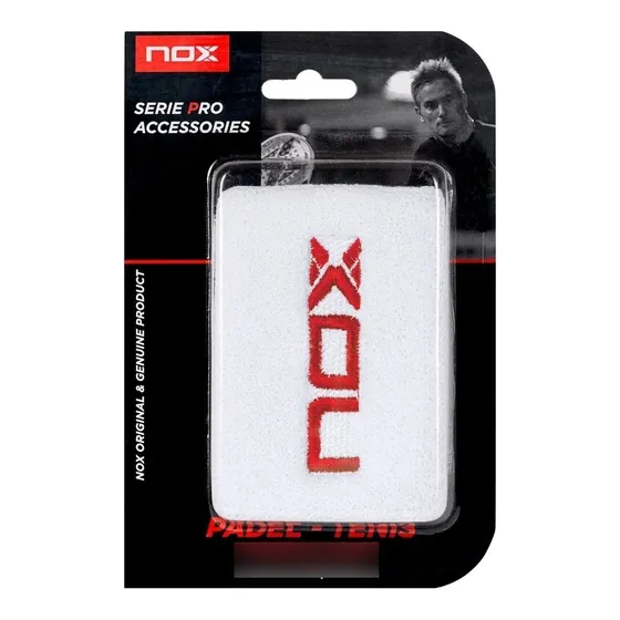 2 Muñequeras Largas Padel Nox Pro Series Confort Blanca Rojo