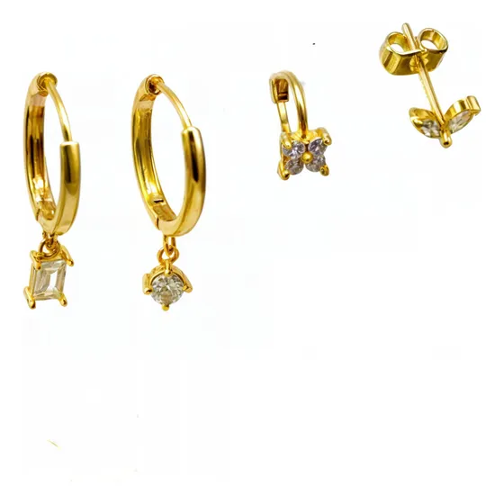 Pack De Aros Argollas Punto De Luz Piercing Oreja Bañado Oro