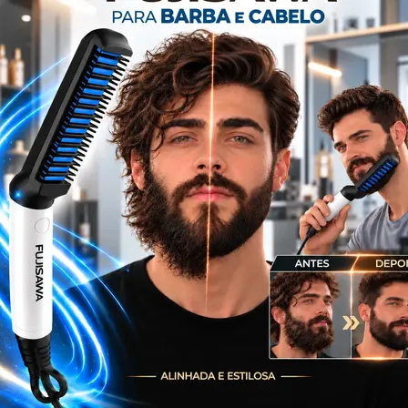 Chapinha de Barba e Cabelo Masculina 127/ 220v Bivolt Pente Elétrico Alisador Frizz Alinhado Bigode Modelador Profissional FUJISAWA Masculino Prancha Escova