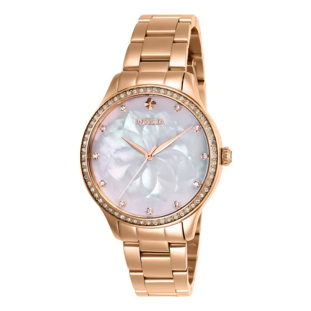 Reloj pulsera Invicta 28057 con correa de acero inoxidable color oro rosa - fondo blanco - bisel oro rosa/blanco