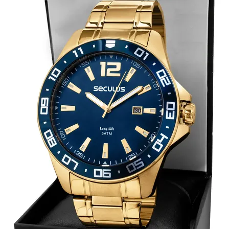 Relógio Masculino Casual Em Aço Dourado 20809gpsvda2 Seculus Azul
