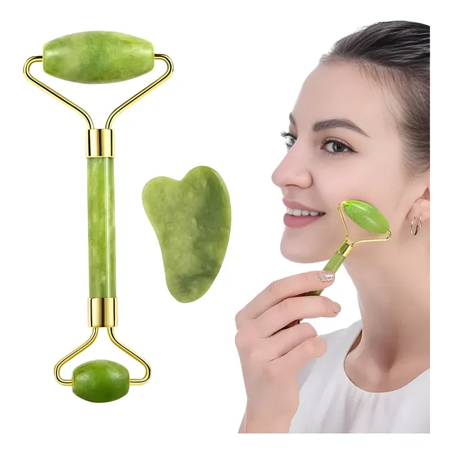 Kit 2 En 1 Rodillo Y Gua Sha Jade Masajeador Facial Corporal