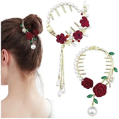2 Pcs Rosa Flor Borla Pinytail Cabello Clips Perla H4718