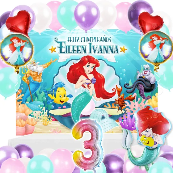 Kit Decoración Fiesta Sirenita Ariel -globos Sirenita +lona 