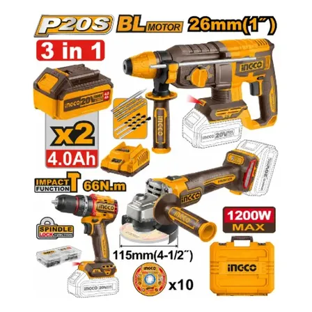 Kit Ingco 20v 3 Em 1 Martelete Parafusadeira Esmerilhadeira