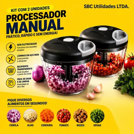 Kit 2 Triturador Processador Picador Manual De Alimentos 500ml 3 Laminas Prático Compacto Perfeito Para Cortar Picar... Sortidas