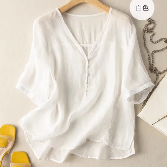 Camiseta De Manga Corta Con Cuello En V Y Algodón Y Lino