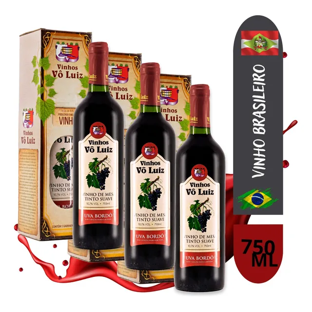 Vinho Tinto Suave Bordô Adega Vô Luiz C/ Caixa Kit 3x750ml