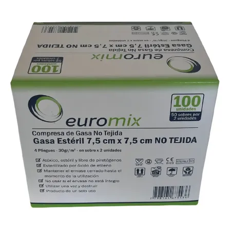 50 Sobres X 2 Un. Gasa Estéril No Tejida Euromix 7,5 X 7,5cm Color Blanco