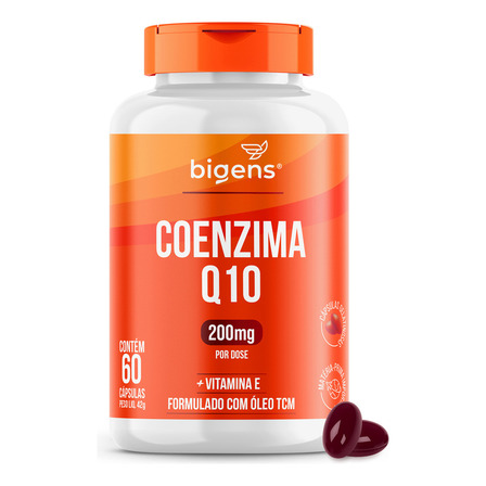Coenzima Q10 200mg Com Vitamina E 10mg, 60 Cáps, Bigens Sabor Neutro Coenzima Q10 200mg Com Vitamina E 10mg, 60 Cáps, Bigens Sabor Neutro