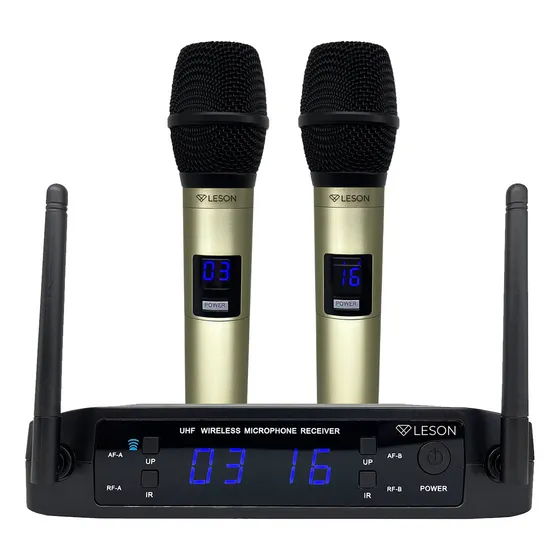 Microfone Sem Fio Duplo Kit Profissional Karaokê Ls916 Cor Dourado