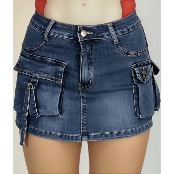 Falda Short Jeans Con Cargo Fullpush Up Tiroalto Elasticado