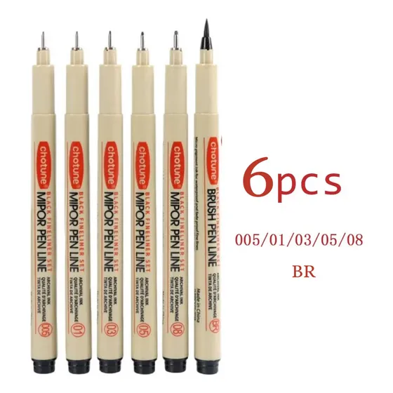 Set 6 Lápices Tiralíneas Negros Fineliner Dibujo Manga Color del trazo Negro