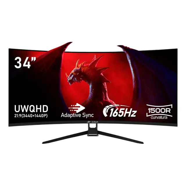CRUA 34” Monitor Gaming Curved 3440 X1440 HDMI DP Response time 1ms, Curvature 1500r, 165hz Support Free Sync, Compatible with Xbox, Ps4/Ps5 Nintendo