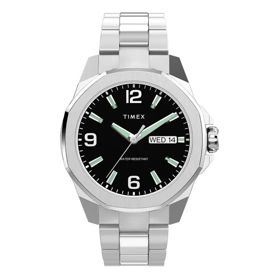 Reloj Timex Tw2w92700vt Cab Essex 3 Manecillas Correa Plata Bisel Plata Fondo Negro