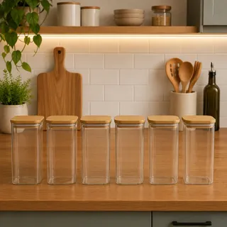 Kit 4 Potes De Vidro 900ml Com Tampa De Bambu Transparente